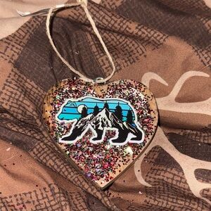 Rustic Bear Heart Ornament with Glitter Accents NWT